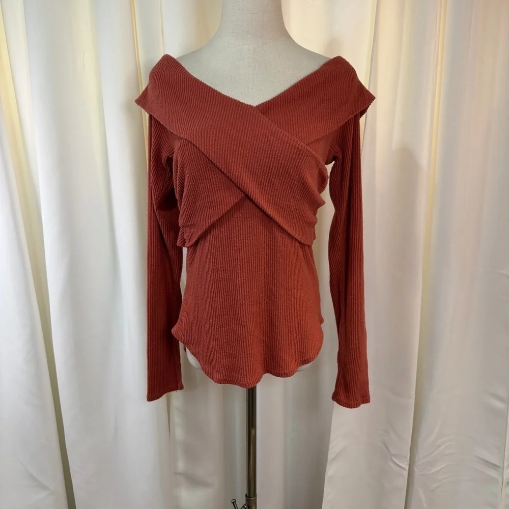 Free People ‘Marley’ Off-The-Shoulder Rib Top in “Warm Stone” Orange Size Large